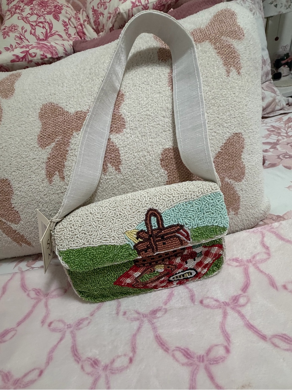 Textured Picnic Patch Crossbody Bag in Cream, Green & Red